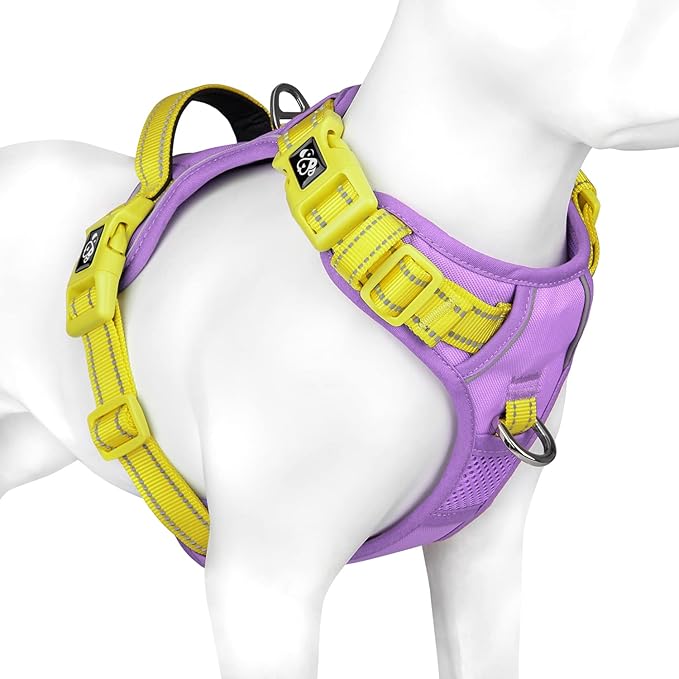 PHOEPET No Pull Dog Harness, Unique Colors Reflective Adjustable Dog Vest, with Soft Training Handle Metal Clips for Small Medium Large Dogs (Baby Purple Base & Yellow Straps,XL)