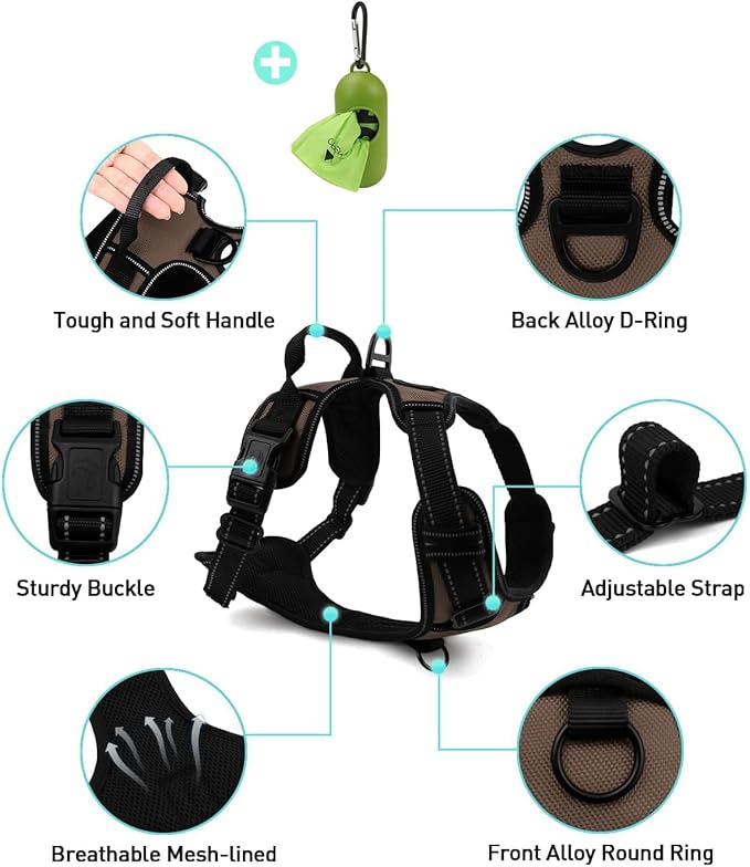 Joytale No Pull Dog Harness for Large Dogs, Reflective Pet Vest with Front Clip, Adjustable Soft Padded Harnesses with Easy Control Handle for Training and Walking, Brown, L