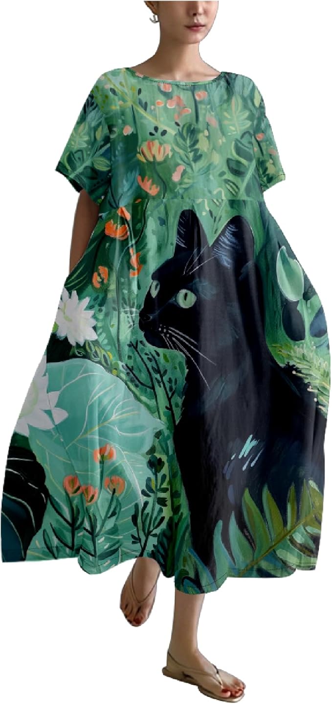 MARSVOVO Summer Dress for Women Funny Cat Graphic Cute Short Sleeve Maxi Dress Causal Plus Size Party Dress for Women