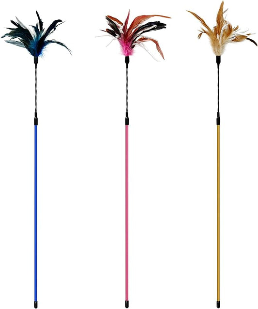 TTcat 3 PCS 22.8” Extra Long Cat Wand Toys Natural Feather Teaser Stick Toys,Interactive Toys for Indoor Cat and Kitten.
