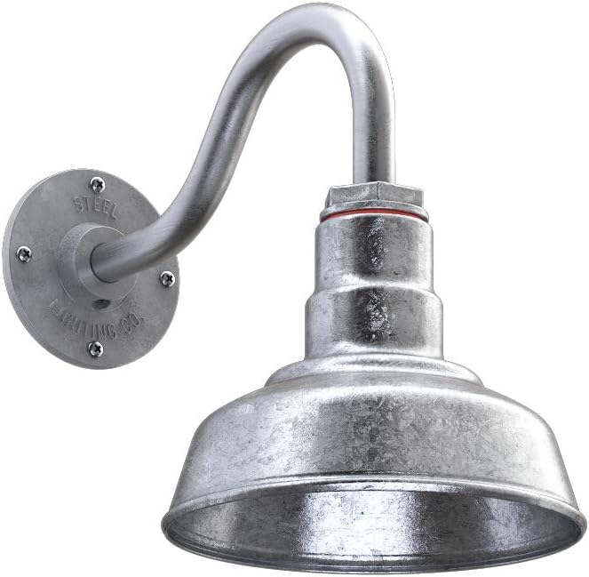 Steel Lighting Co. | Dusk to Dawn | Hawthorne Barn Light | Outdoor Wall Mounted | 8 in Dome | 11 inch Gooseneck| Small Farmhouse Light Made in America | Galvanized Exterior/Galvanized Interior
