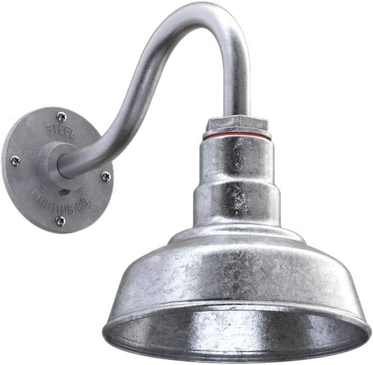 Steel Lighting Co. | Dusk to Dawn | Hawthorne Barn Light | Outdoor Wall Mounted | 8 in Dome | 11 inch Gooseneck| Small Farmhouse Light Made in America | Galvanized Exterior/Galvanized Interior