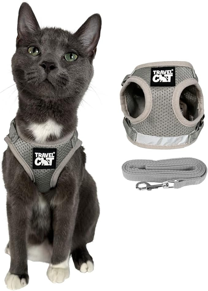 Travel Cat Harness and Leash Set - Adjustable Fit Mesh Cat Harness and Reflective Strap - Comfort Walking Vest for Kitten for Outdoor Walking, Hiking (Extra Small, Grey)