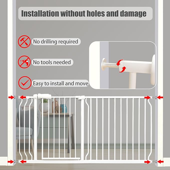 Extra Wide Baby Gate - 43.3-48 Inch Tension Mounted Safety Child & Pet Gate - White Metal - Walk Through - Long - for House Doorways & Stairs