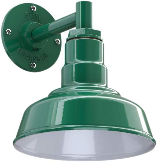 Steel Lighting Co. | Dusk to Dawn | Hawthorne Barn Light | Outdoor Wall Mounted | 8 in Dome | 6 in Straight Arm| Small Farmhouse Light Made in America | Green Exterior/White Interior