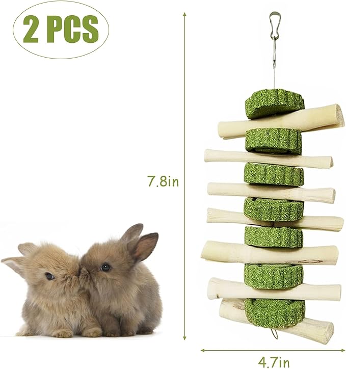 kathson Bunny Chew Toys for Teeth, Pet Snacks Molar Sweet Bamboo with Grass Cake Guinea Pig Toys for Hamster Chinchilla Rabbit Rats (2 Packed)