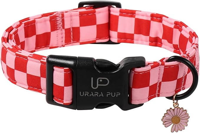 Red and Pink Plaid Dog Collarwith Bow Tie– Adjustable Red & Pink Checkered Dog Collar for Small Medium Large Dogs, Soft Xmas Plaid Puppy Collars with Quick Release Buckle S