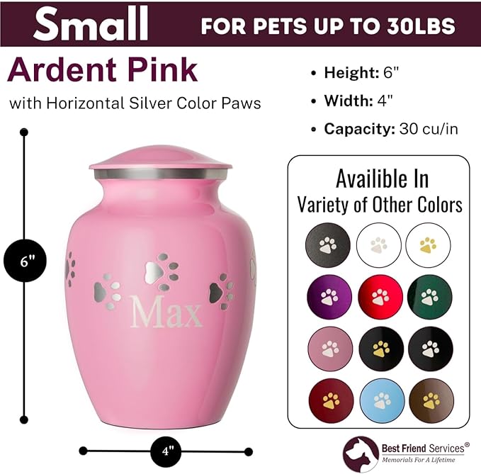 Pet Urn for Dogs and Cats with Personalized Laser Engraving, Ottillie Paws Premier Series Memorial Urns (Small Ardent Pink with Horizontal Pewter Paws)