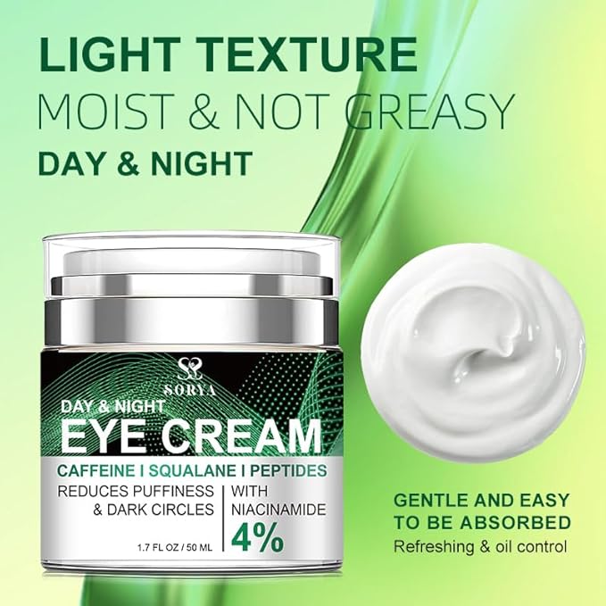SORYA Caffeine Eye Cream for Dark Circles & Puffiness Anti-Aging– Day & Night Under Eye Cream with Niacinamide & Peptides (1.7 oz)