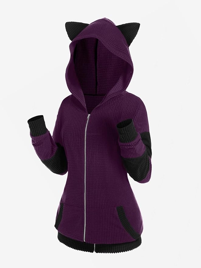 ROSE GAL Rosegal Women Plus Size Cat Ear Ribbed Hooded Blouson Jacket Animal Ear Two Tone Cute Hoodie