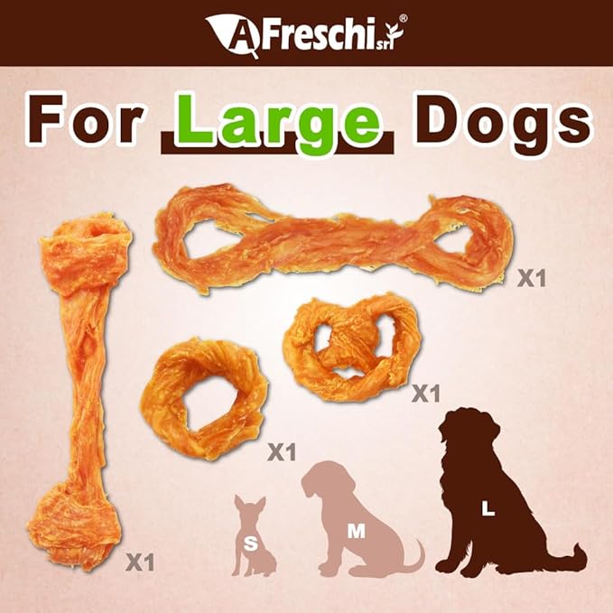 AFreschi Turkey Tendons for Dogs, USA-Sourced, Healthy Dog Treats, Rawhide-Free Puppy Chews, Long Lasting, All Natural, Hypoallergenic Dog Treats for Large Breeds, 10 oz Pack Variety (L)