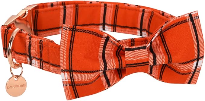 DOGWONG Fall Plaid Dog Collar with Removable Cute Bow Tie Adjustable Pet Collars, Soft Comfy Orange Plaid Pet Collar - Fall Dog Collar for Small Medium Large Dogs
