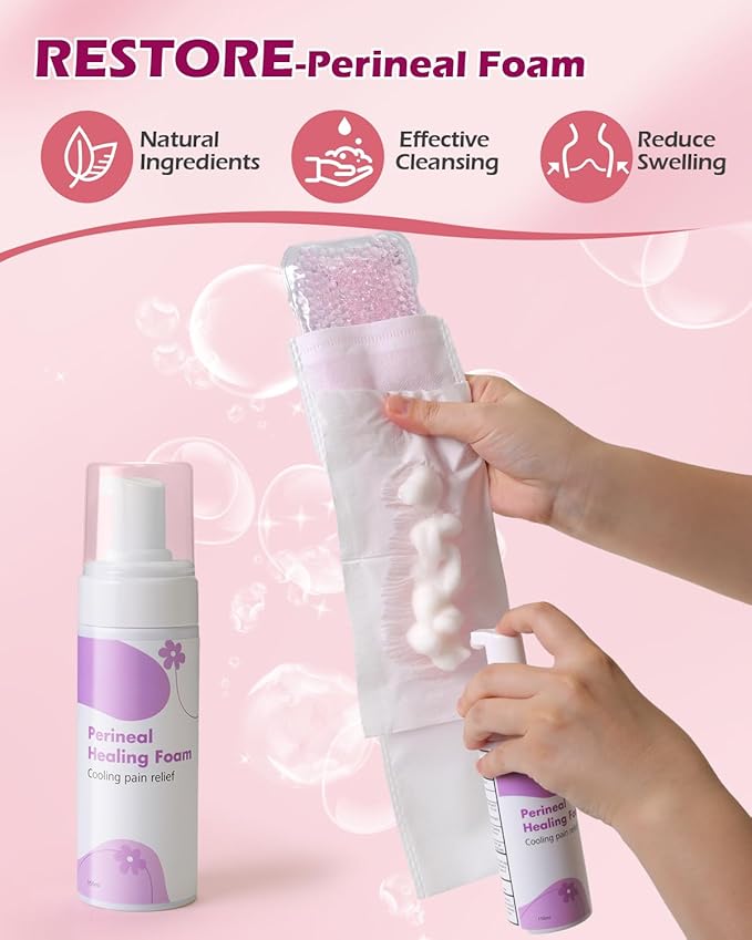 Postpartum Essentials Kit - Peri Bottle,Perineal Ice Packs,Perineal Healing Foam,Disposable Underwears,Cooling Pad Liners,Bath Salts,Canvas Bag,Card,Postpartum Gifts for Mom