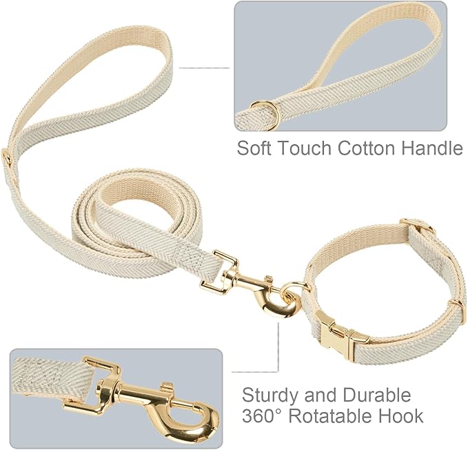 Soft Hemp Dog Collar and Leash Set Adjustable Woven Tweed Dog Collars with Metal Buckle and Lead for Small Medium Large Dogs,Grey
