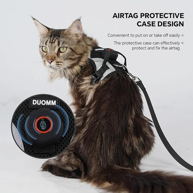 Cat Harness Leash Set with AirTag Holder, Upgraded Escape Proof Vest with Lead for Cat Kitten Small Dog Puppy Outdoor Walking, Soft Breathable Mesh Jacket with Reflective Strip (Black, M)
