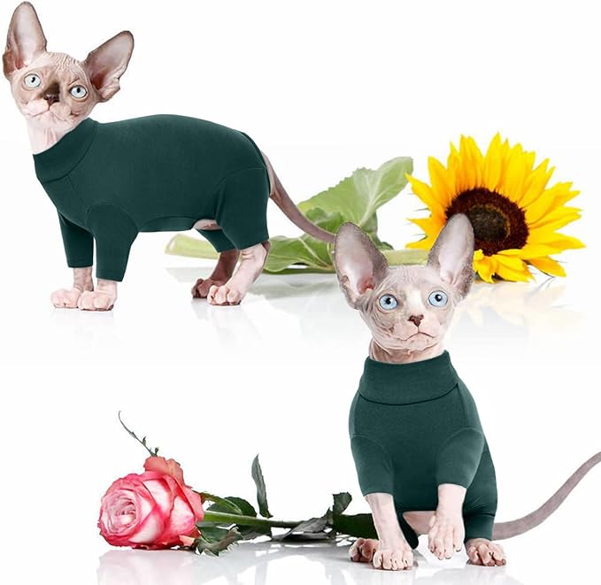 ROZKITCH Hairless Cat Clothes, Breathable Soft Jumpers for Cats Only, Coat with Four Legs, Warm Sweater T-Shirt Cat Pajamas Jumpsuit Vest Cornish Rex Devon Rex Peterbald DarkGreen 2XL