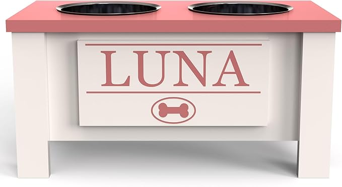 GTW Personalized Elevated Dog Bowl Stand for Large, Medium, Small, X-Small Dogs - Stainless Steel Food and Water Bowls - Raised Dog Dish with Internal Storage (Medium, Magenta)