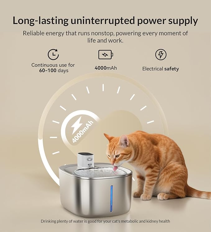 Wireless Cat Water Fountain Stainless Steel,135floz/4L Battery Operated Automatic Pet Fountain,Cordless Cat Water Dispenser Pet Drinking Water Fountain for Multicat Cats Dog Outdoor