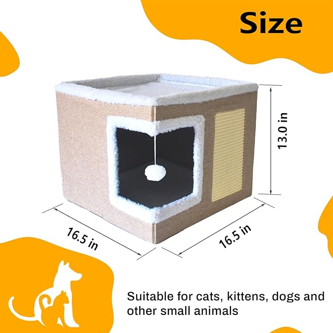 Cat Houses for Indoor Cats - Large Cat Bed Cave with Scratch Pad and Fluffy Ball, Foldable Cat Condo Hideaway with Reversible Cushion for Multi Small Pet(Beige, Right-Angle)