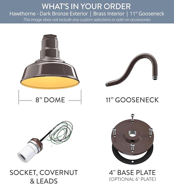 Steel Lighting Co. | Dusk to Dawn | Hawthorne Barn Light | Outdoor Wall Mounted | 8 in Dome | 11 inch Gooseneck| Small Farmhouse Light Made in America | Dark Bronze/Brass