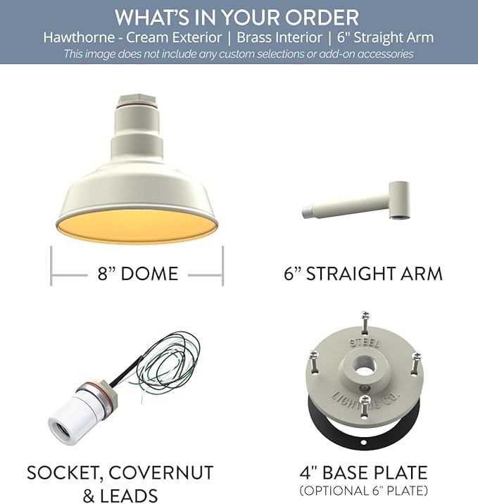 Steel Lighting Co. | Dusk to Dawn | Hawthorne Barn Light | Outdoor Wall Mounted | 8 in Dome | 6 in Straight Arm| Small Farmhouse Light Made in America | Cream/Brass