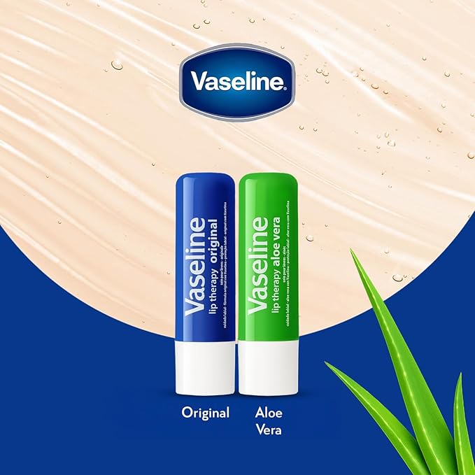 Vaseline Lip Therapy Variety 4-Pack – Original + Aloe Vera Moisturizing Lip Balm with Vitamin E, 0.16 Oz Ea