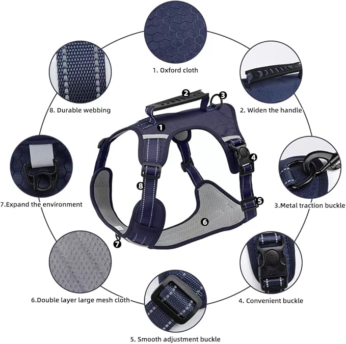 Dog Harness No Pull Adjustable Reflective,for Medium and Large Small Dog with Leash 59.06in (Dark Blue, XL)
