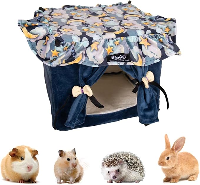 Guinea Pig Bed with Curtain Machine Washable Soft Cozy Chinchilla Bed Hedgehog Beds - Spacious Privacy House Small Animal Hideout for Ferret Hamster Rat Sugar Glider Dwarf Rabbit (Blue, Medium)