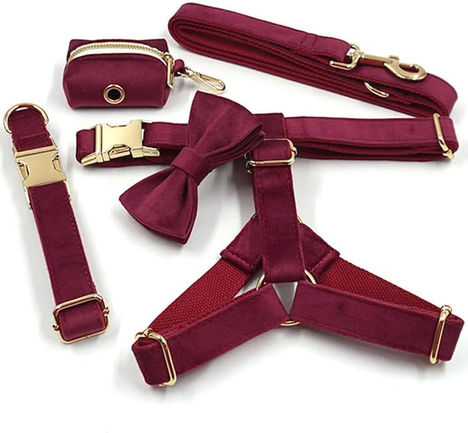 PETDURO Custom Dog Collar Personalized with Name Engraved Gold Metal Buckle for Large Medium Small Girl Dogs - Dog Leash Bow Tie and Harness Available - Soft Comfy Velvet (Claret G, XL)