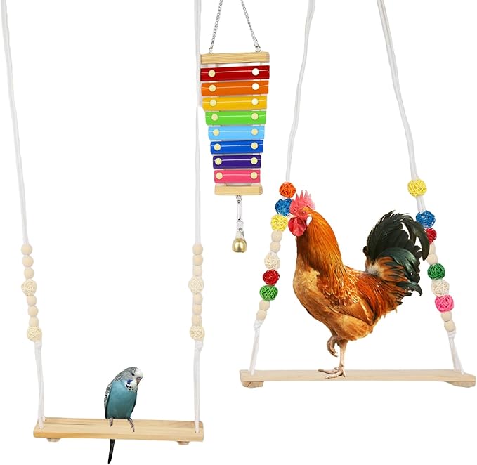 3 Pack Chicken Toys for Coop, Wooden Swing Stands & Xylophone Toy with HookHammock Climbing Ladder, Hanging Poultry Enrichment for Parakeet, Turkeys, Hens, Ducks, Geese, Bird Toys