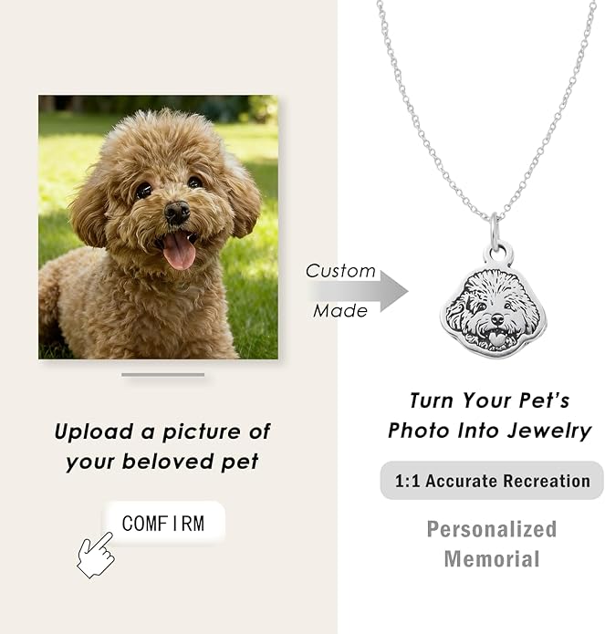 Personalized Pet Portrait Memorial Necklace - Stainless Steel Custom Engraved with Photo, Name & Date, Keepsake Jewelry Gift for Dog Mom, Cat Dad, Animal Lovers (Adjustable Chain)