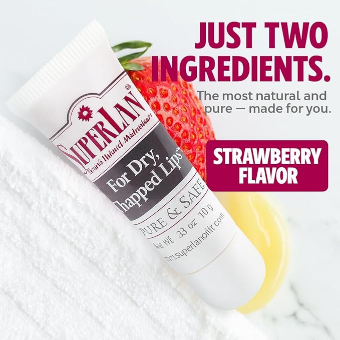 Organic Lanolin Lip Balm - Lip Repair for Hot/Dry Weather - Natural Nipple Cream Lanolin - Moisturizer for cracked lips - Hydrating lip care - Pure jojoba oil - Kosher Strawberry chapstick (0.35 Oz)