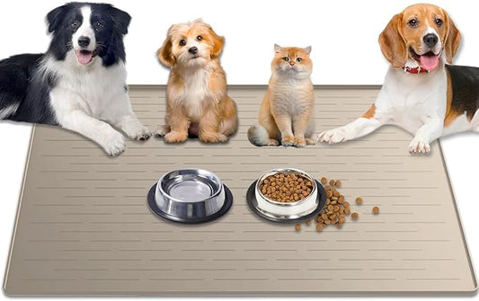 1.5MM Super Thick Dog Food Mat, 48"x32" Silicone Dog and Cat Mats for Food and Water Bowls, Waterproof Pet Feeding Mat for Contain Spills Protects Floors, Multiple Colors & Sizes for Pets, Beige