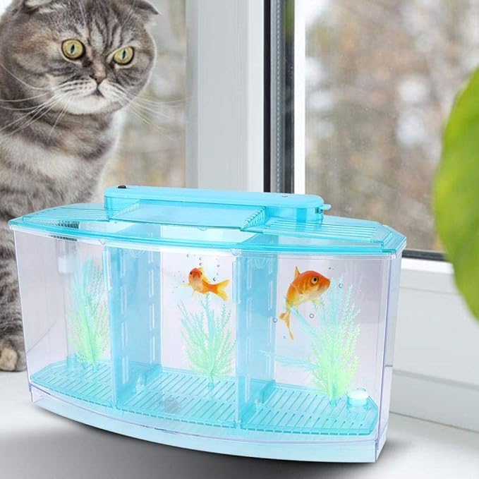 Fish , Desktop Transparent Breeding Fish , Mini Acrylic for Small Fishes with LED Light with Water Change Valve for Betta(Blue)
