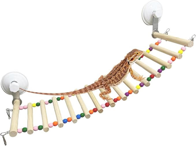 Bearded Dragon Tank Accessories, Wooden Ladder Hammock with Suction Cups for Terrarium, Habitat Climbing Accessories for Bearded Dragon, Gecko, Snake and Other Small Reptile