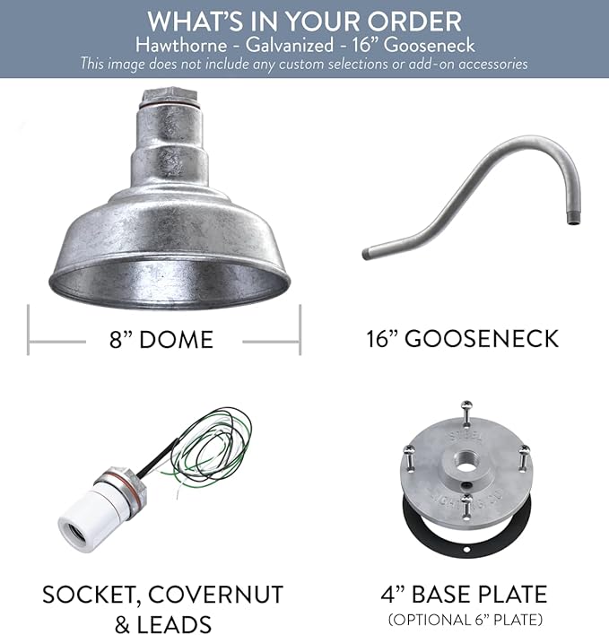 Steel Lighting Co. | Dusk to Dawn | Hawthorne Barn Light | Outdoor Wall Mounted | 8 in Dome | 16 inch Gooseneck| Small Farmhouse Light Made in America | Galvanized Exterior/Galvanized Interior
