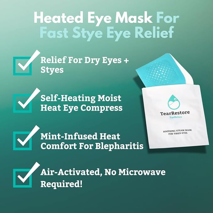 TearRestore EyeRelax Heated Eye Mask for Dry Eye & Stye Relief, Self-Heating Warm Compress with Moist Heat, Mint-Infused Steam Mask for Dry Eyes, Blepharitis Relief & Overnight Comfort (10 Count)