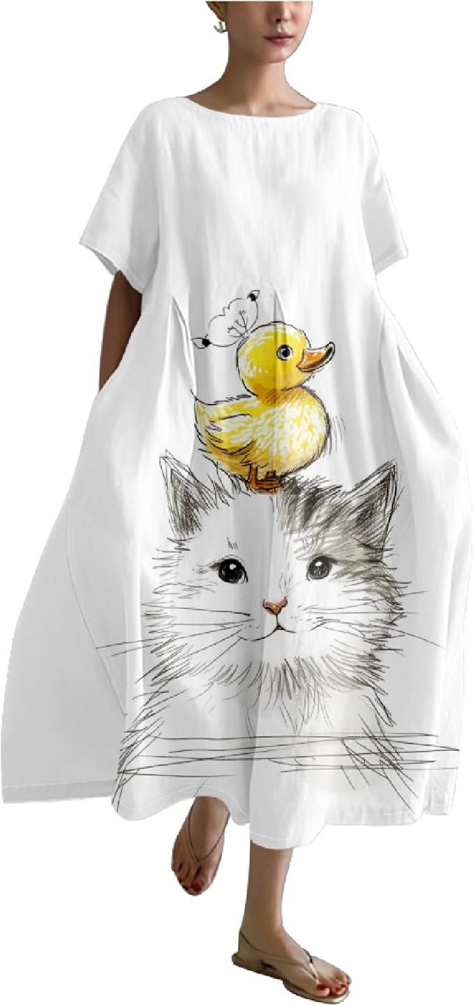 MARSVOVO Summer Dress for Women Funny Cat Graphic Cute Short Sleeve Maxi Dress Causal Plus Size Party Dress for Women