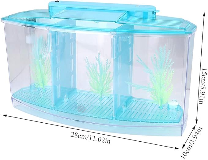 Fish Breeding Box, Aquarium Breeder Box Guppy Breeder Box Acrylic Fish Breeding Box Three Divisions Breeding Isolation Box with LED (Blue)