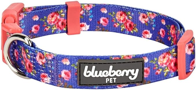Blueberry Pet Dog Collar Rose Print, Adjustable Medium Dog Collars for Medium Dogs, Large & Small Dogs, Puppy Collar, Pink Dog Collar for Girls, Eco-Friendly, 14.5-20 in Neck