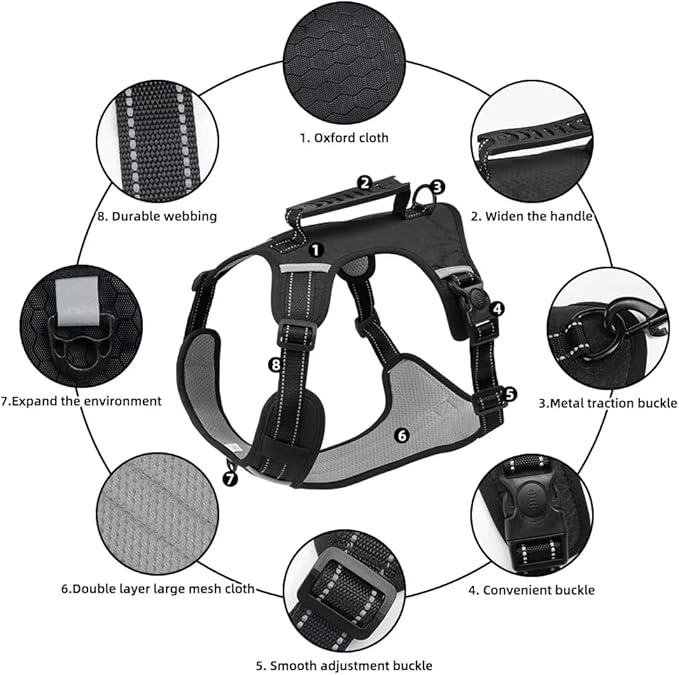 Dog Harness No Pull Adjustable Reflective,for Medium and Large Small Dog with Leash 59.06in (Black, S)