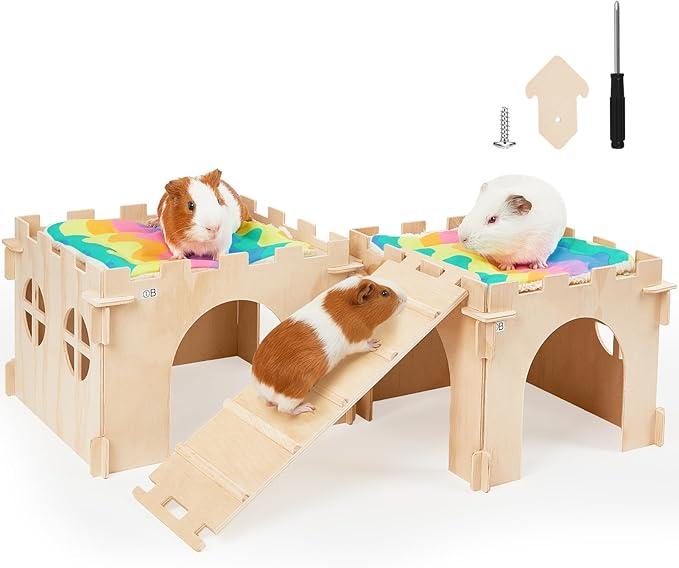 Guinea Pig Hideout, Guinea Pigs House with Stairs and Mats Extra Large Guinea Piggy Castle Detachable Hideouts for Small Animals Wooden Guinea Pig Habitats with Multiple Doors and Windows
