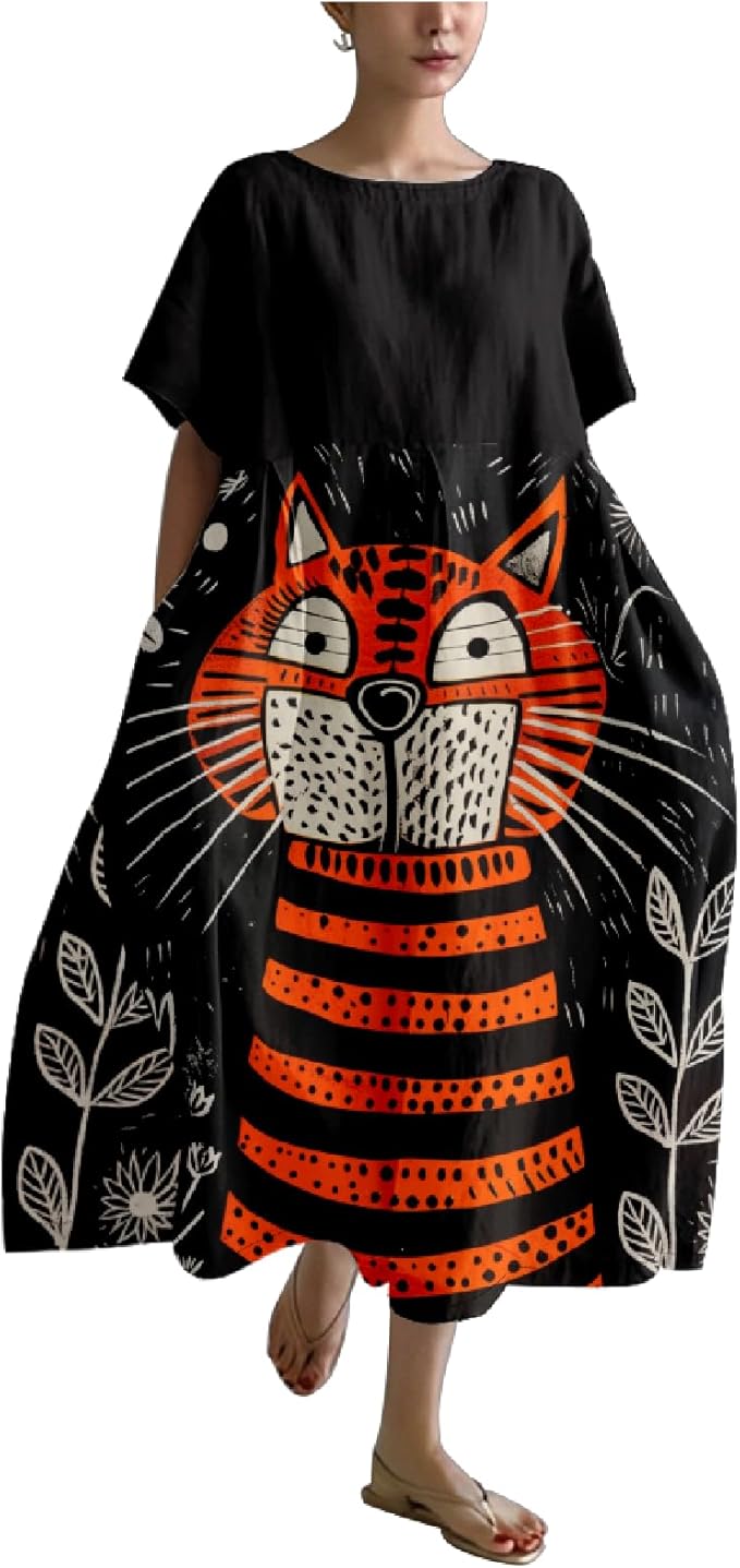 MARSVOVO Summer Dress for Women Funny Cat Graphic Cute Short Sleeve Maxi Dress Causal Plus Size Party Dress for Women