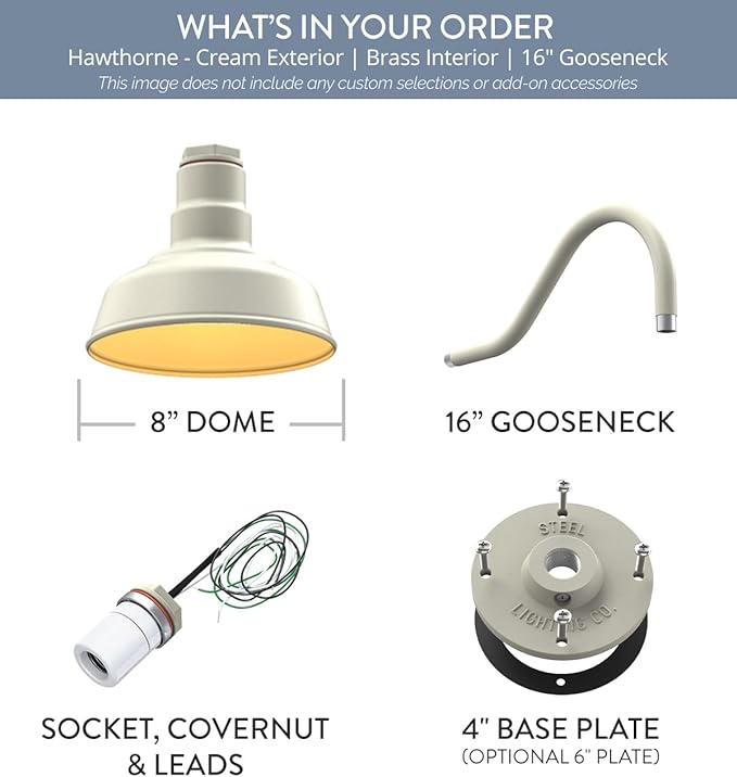 Steel Lighting Co. | Dusk to Dawn | Hawthorne Barn Light | Outdoor Wall Mounted | 8 in Dome | 16 inch Gooseneck| Small Farmhouse Light Made in America | Cream/Brass