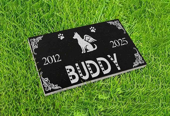 A Personalized Memorial Stone Made of Black Granite That Will Remind You of Your Beloved Pets. Paw and Stars