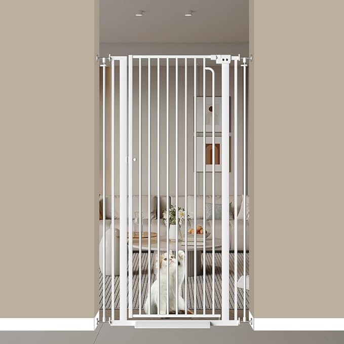 57" Extra Tall Cat Gate for Doorways, 29.5"-33.4" Tall Pet Gates for Cats Walk Through, Auto Close High Baby Gates with Door, Child Safety Gate Indoor Stairs, Cat Proof Gate for Dogs, White