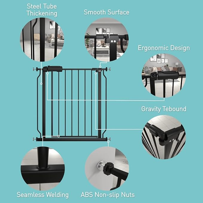 WAOWAO Baby Gate 38.58-43.31" Extra Wide Pressure Mounted Walk Through Swing Auto Close Safety Black Metal Toddler Kids Child Dog Pet Puppy for Stairs,Doorways,Kitchen