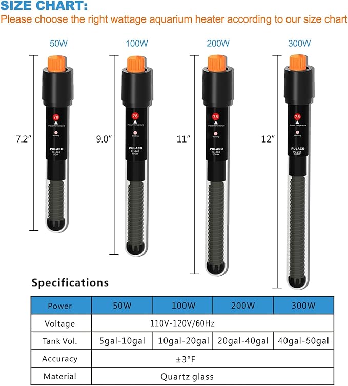PULACO 50Watt Aquarium Heater for 5-10 Gallon Fish Tank, Adjustable Submersible Heater Thermostat with Thermometer Strip and Suction Cup