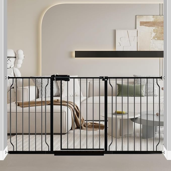 Fairy Baby Extra Wide Baby Gate Black 62-67 Inch Wide, Walk Through Pressure Mounted No Drill Dog Gate, Long and Large Tension Gate for Pet and Kids