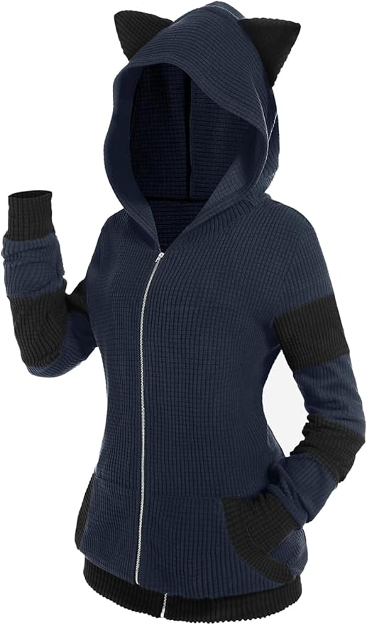 ROSE GAL Rosegal Women Plus Size Cat Ear Ribbed Hooded Blouson Jacket Animal Ear Two Tone Cute Hoodie
